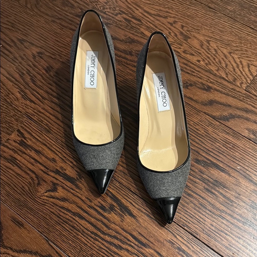 Jimmy Choo Gray Fabric Pointed Pumps with Black Patent Toes